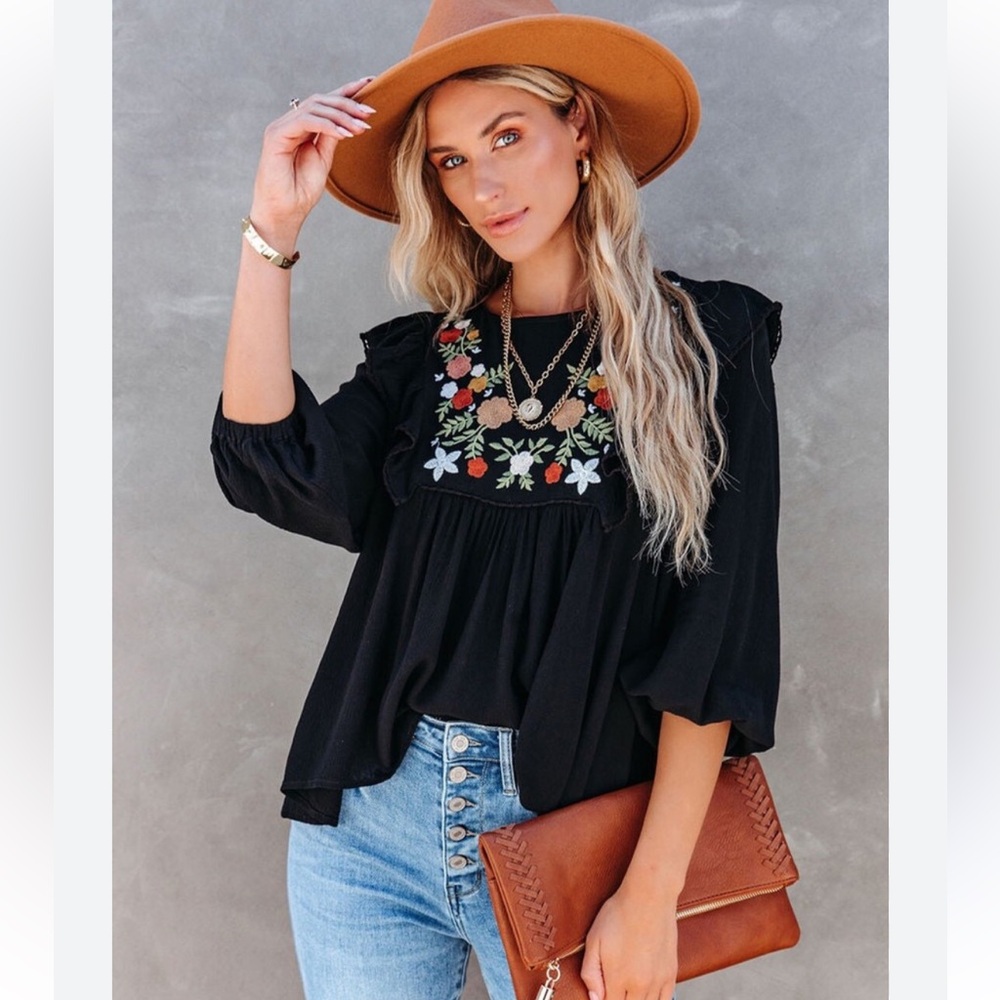 Women’s Black Embroidered Peasant Blouse